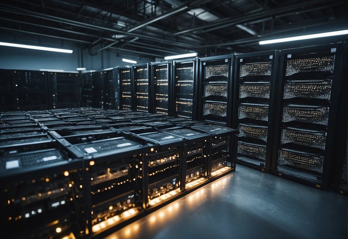 A room full of bitcoin mining machines, part of a network