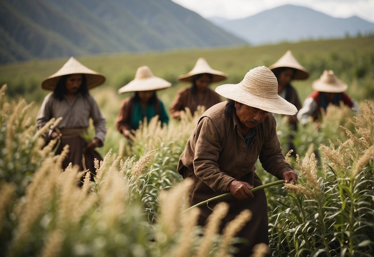 A group of people in a field of quinoa plants