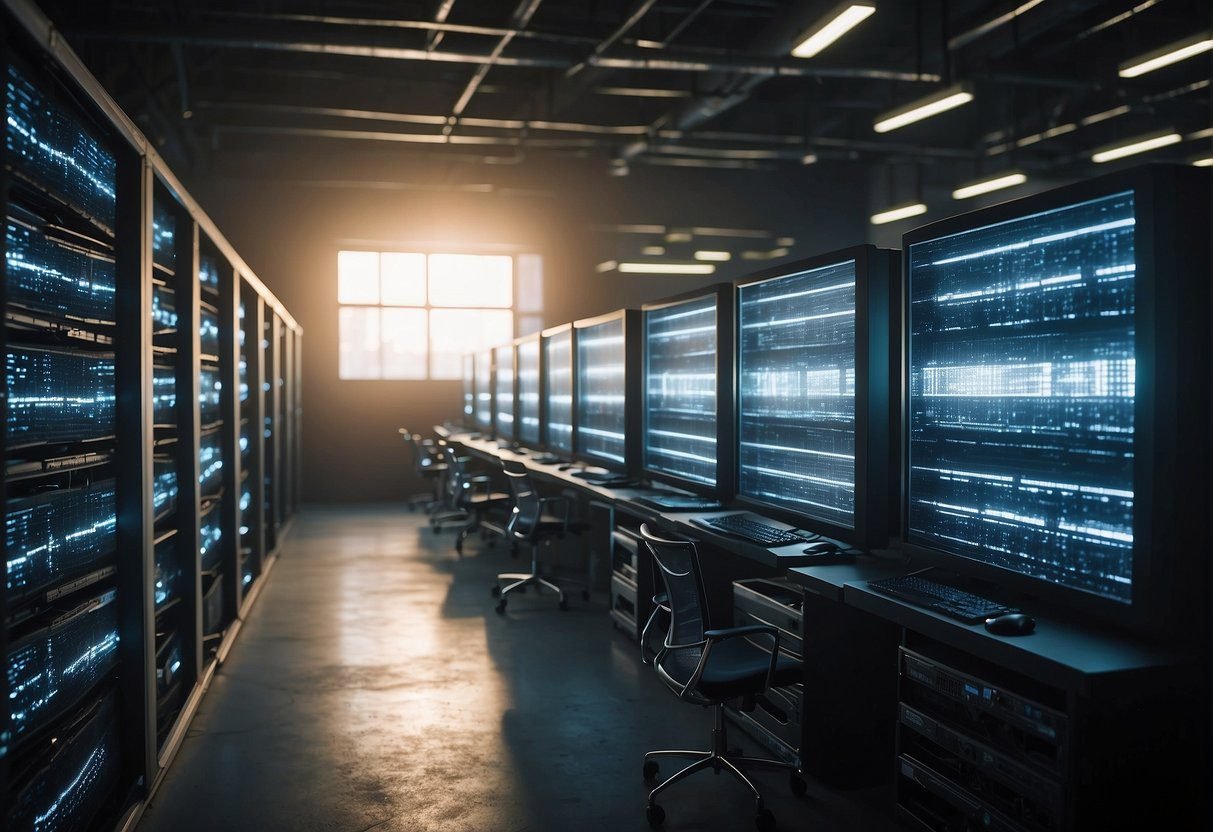 A row of bitcoin mining machines, part of a bitcoin mining network in a room