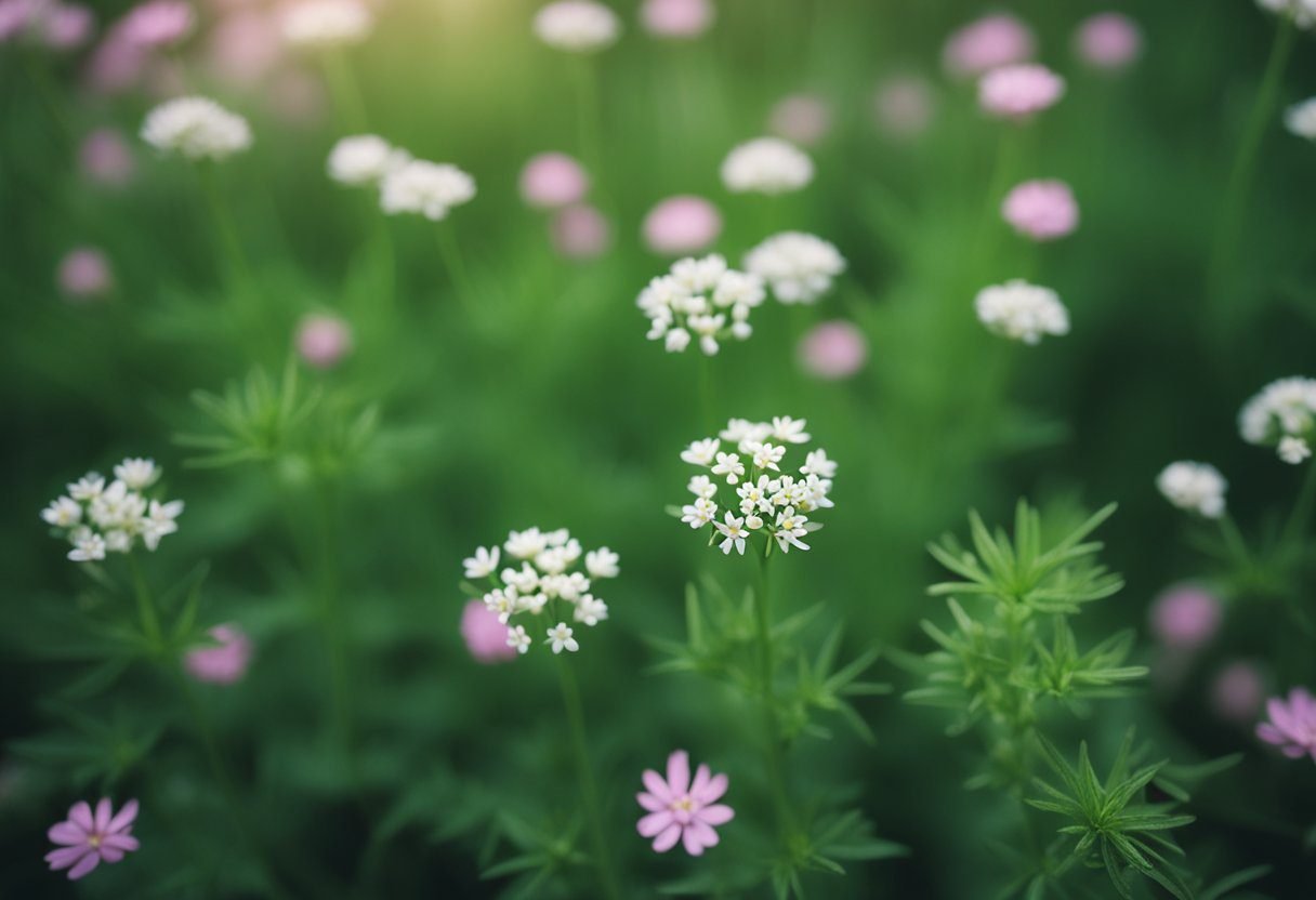 A close-up of cumin plants with small white or pink flowers and slender green leaves