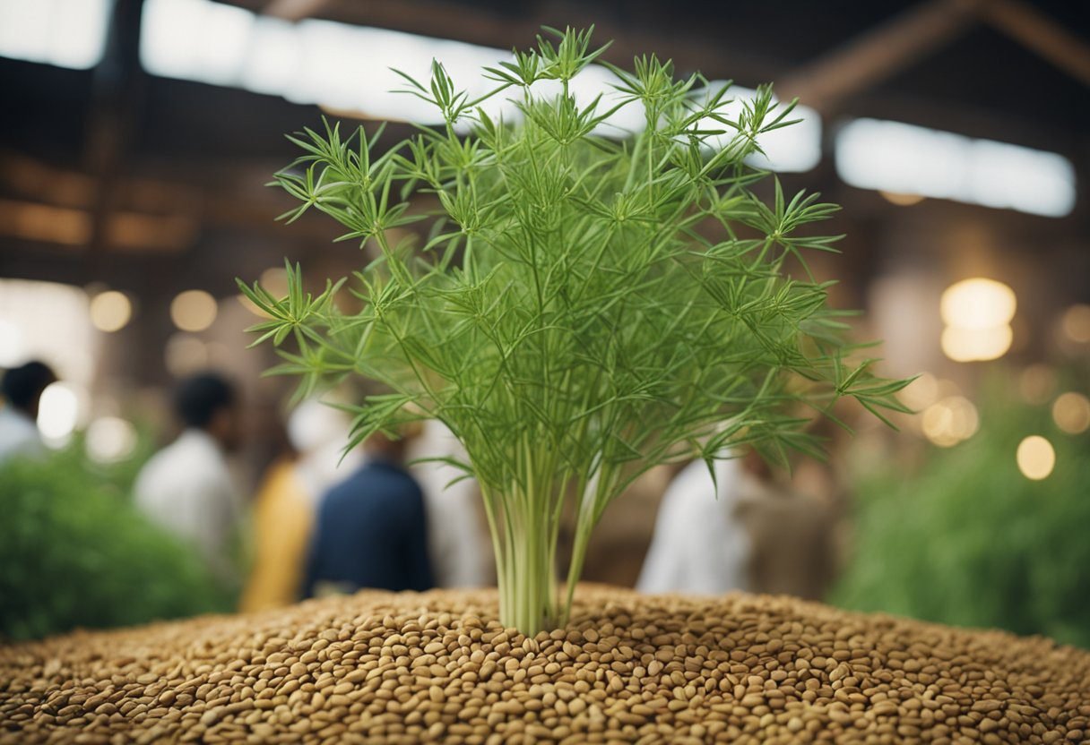 A group of people gather around a large cumin plant, symbolizing its historical significance in trade and cuisine