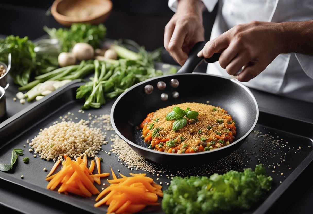 A chef sprinkles cumin over a sizzling pan of vegetables