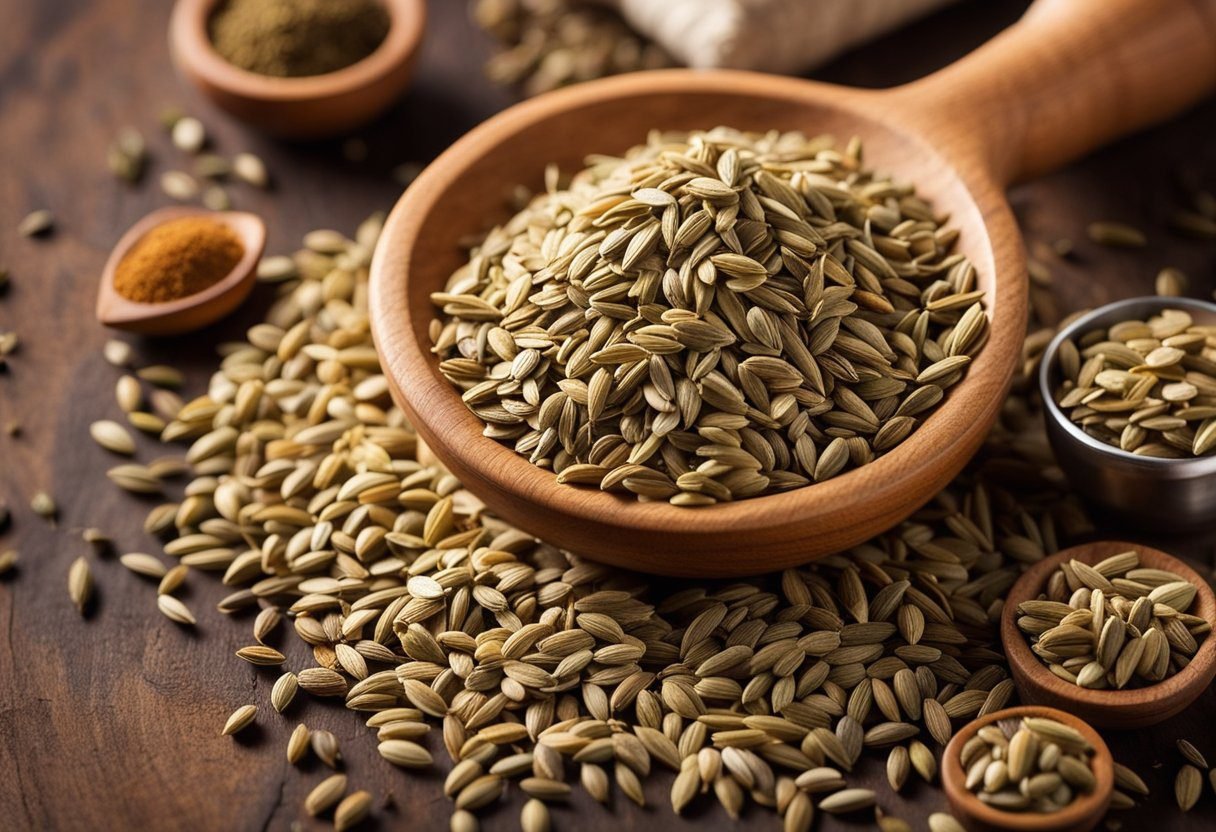 Cumin seeds scattered on a wooden cutting board with a mortar and pestle nearby. A few whole seeds and a small pile of ground cumin