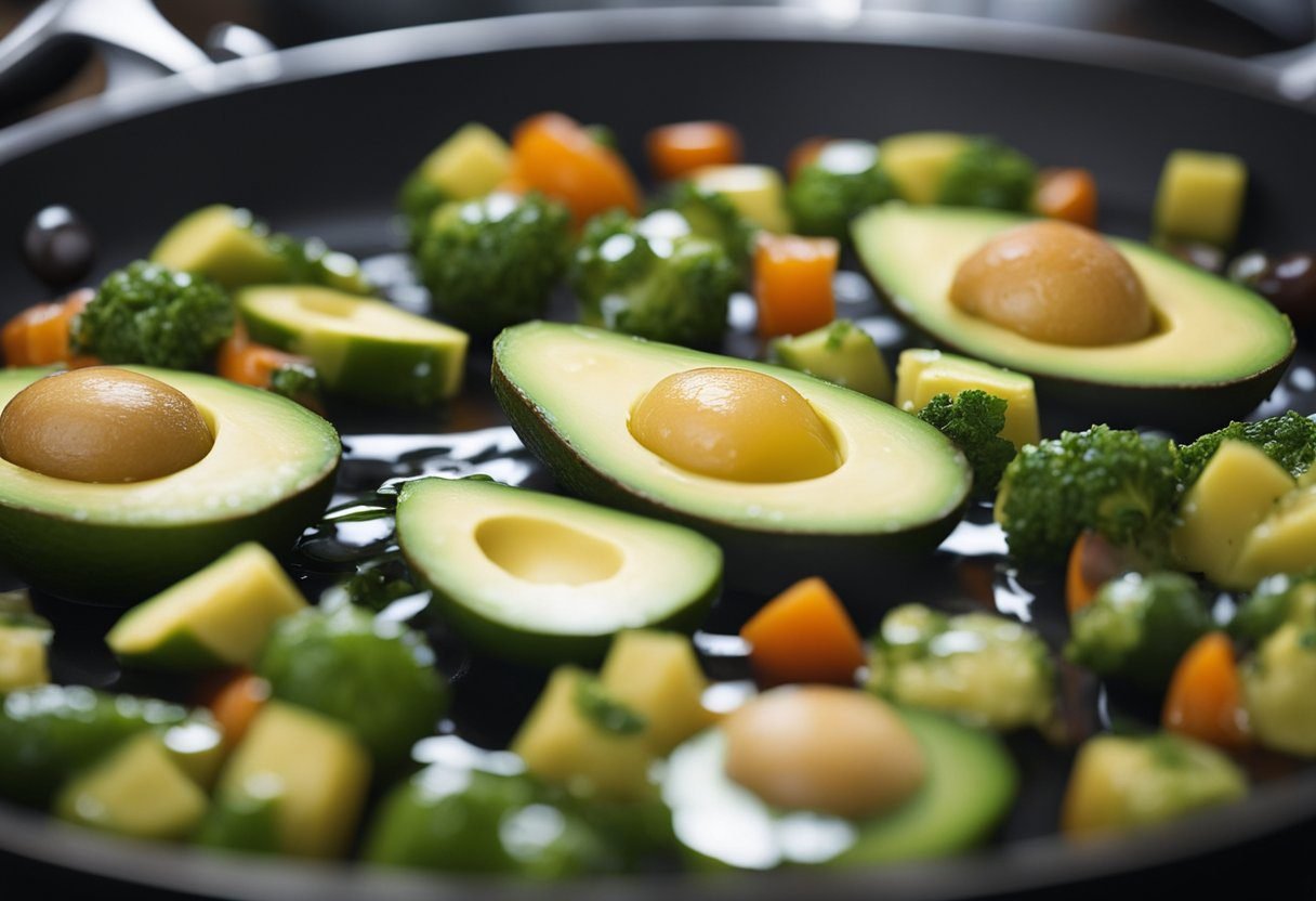 A pan sizzling with avocado oil, vegetables being sautéed, steam rising