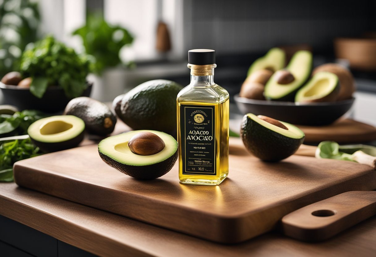 A bottle of avocado oil sits on a kitchen counter next to fresh avocados and a cutting board with sliced vegetables