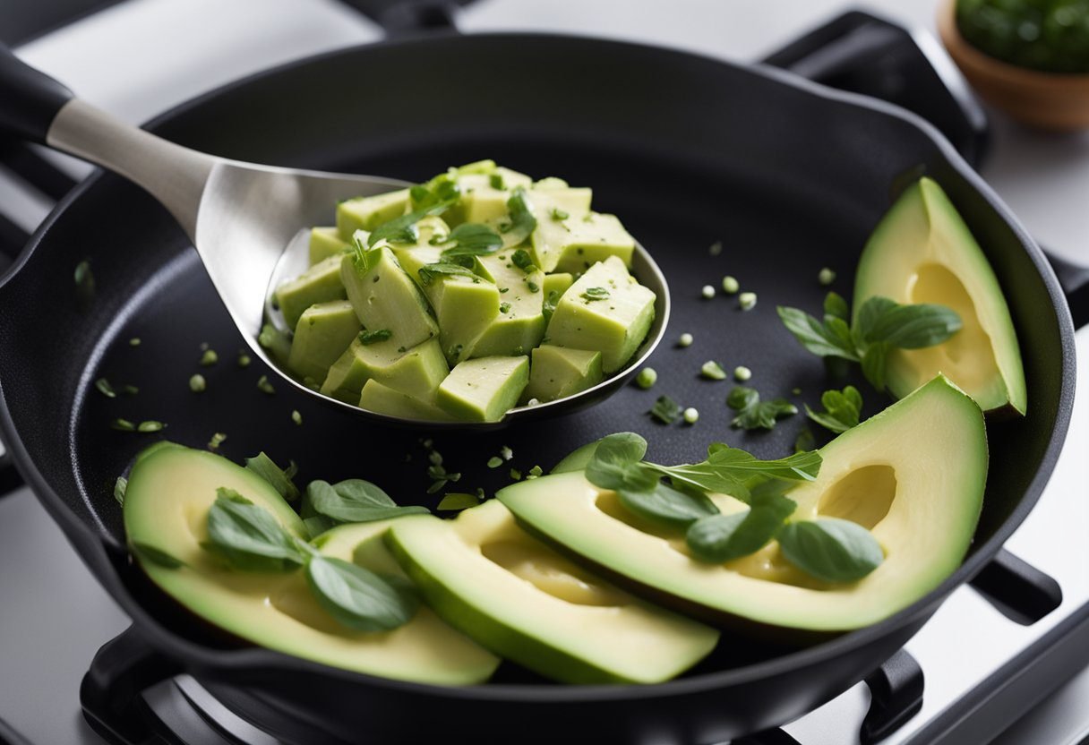 A skillet sizzles with avocado oil for cooking, as a spatula flips vegetables