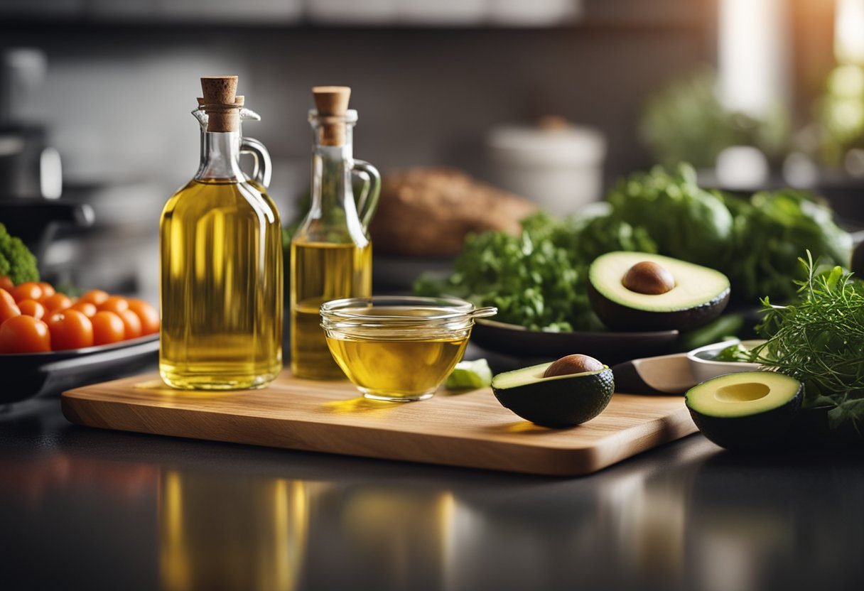 A bottle of avocado oil sits on a kitchen counter next to fresh vegetables. A skillet sizzles with food being cooked in the oil