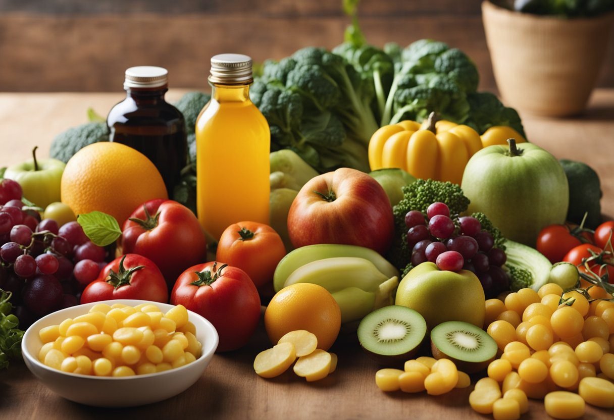 A pile of fruits and vegetables next to a set of yellowed teeth. A bottle of vitamins sits nearby