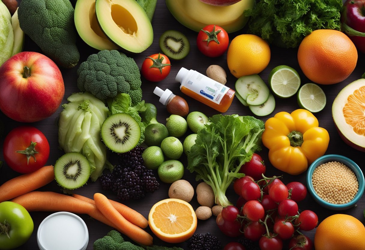 A pile of colorful fruits and vegetables next to a bottle of vitamins, with a toothbrush and toothpaste in the background