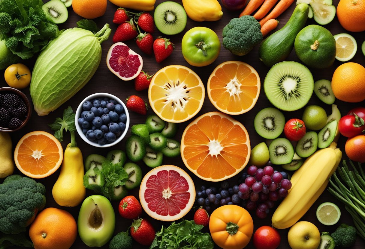 A variety of colorful fruits and vegetables arranged on a table, with labels indicating their vitamin content, such as vitamin A, B, C, and E