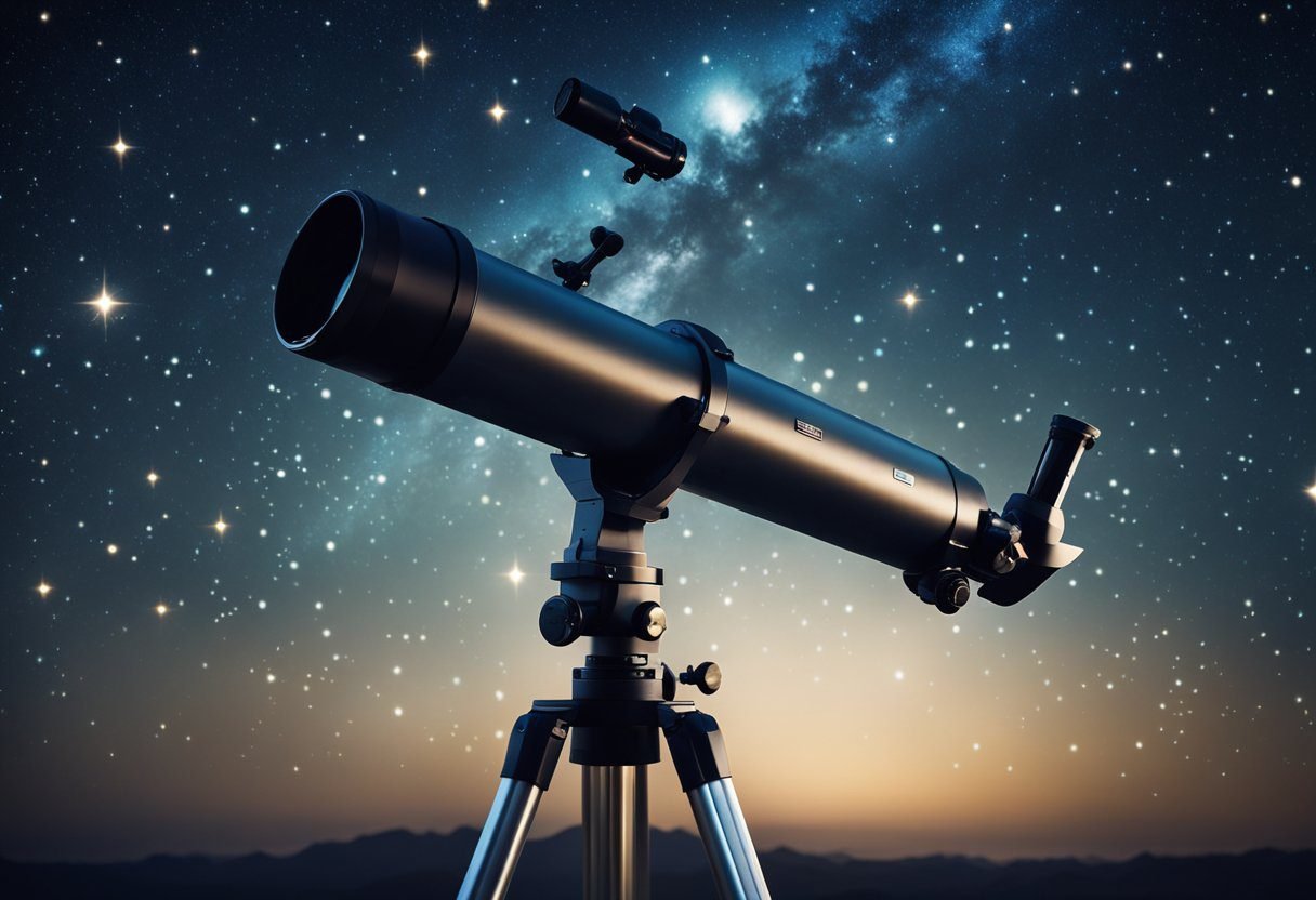 A telescope points towards the night sky, with stars and constellations visible on the celestial sphere