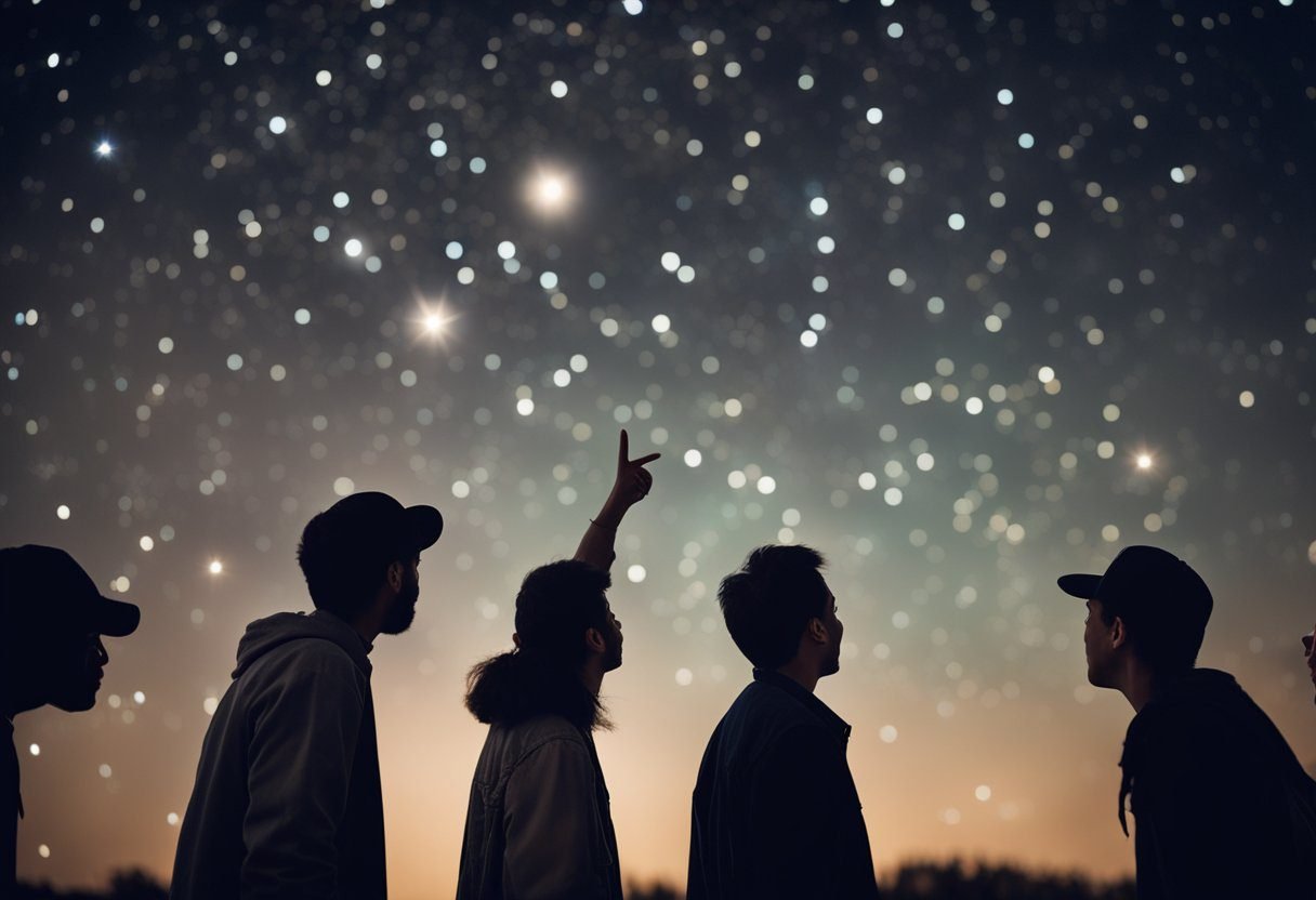 A group of diverse individuals gather under the night sky, pointing at constellations and discussing the wonders of the universe