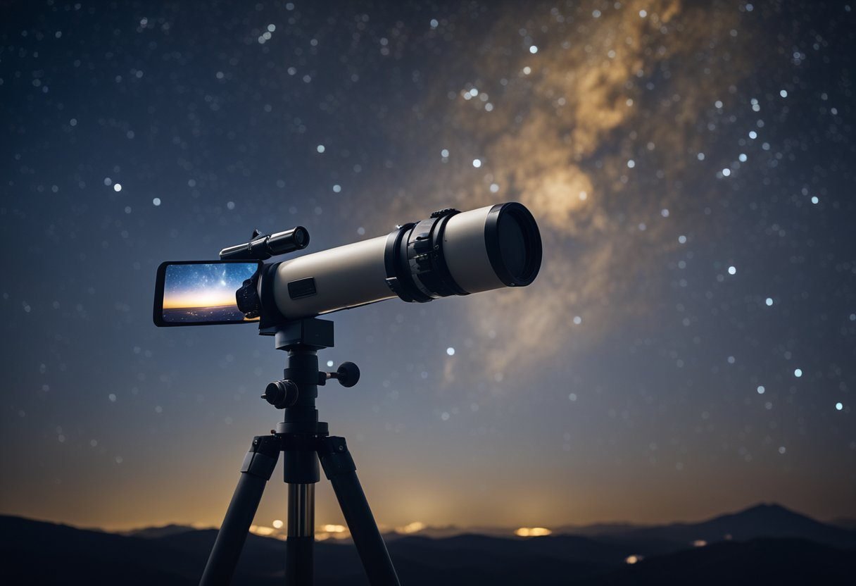 A telescope pointed towards a starry night sky, with a camera attached, capturing a breathtaking view of the cosmos