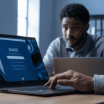 a man sitting at a desk with a laptop